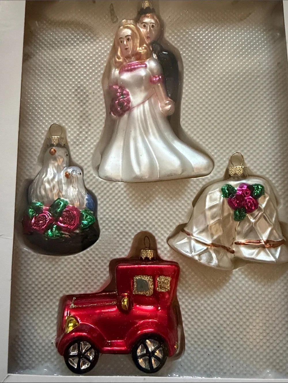 Wedding Glass Ornament bride, and groom, Dove bells carriage- Target 2002